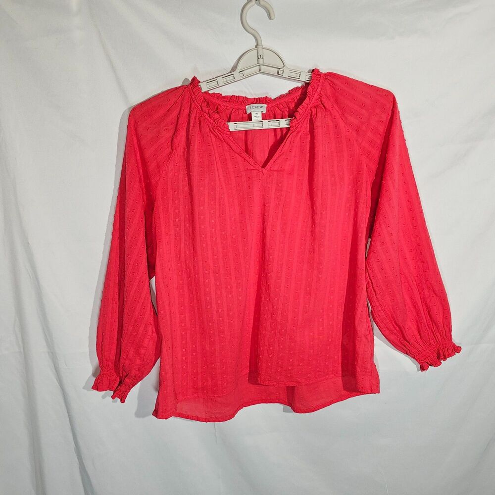 J.Crew Swiss Dot Ruffle Neck Peasant Blouse Bright Poppy Red Long Sleeve Size M
